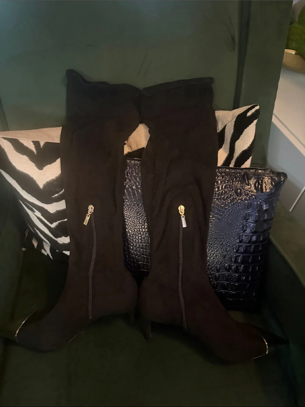 Schultz Black Over-the-Knee Zip Accent Boots with Gold Trim